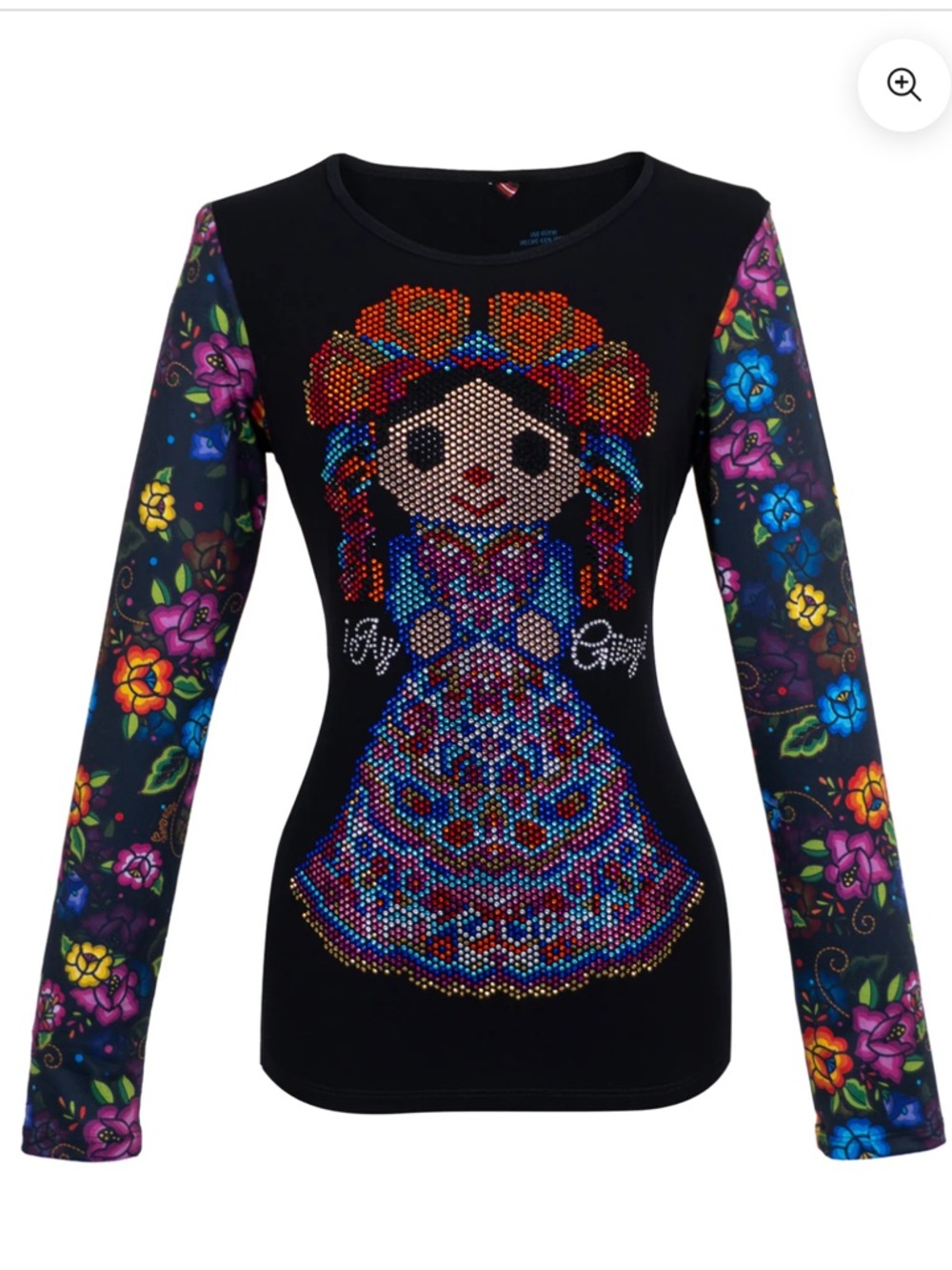Ay Guey Petrita NWT Black Floral Sleeve Rhinestone Doll Graphic Long-Sleeve Top